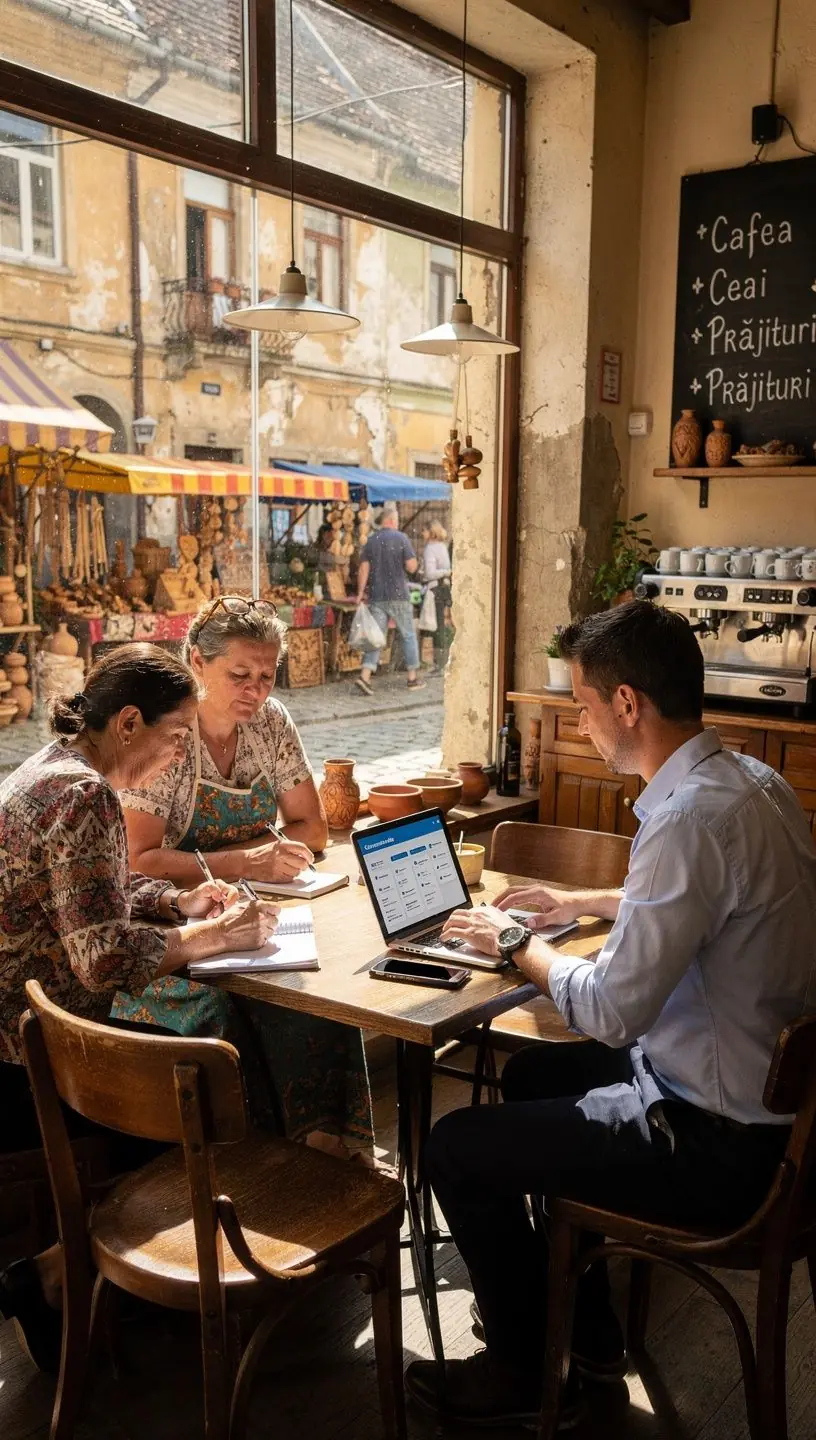 Panoramă asupra unei străzi locale cu soluții tehnologice integrate pentru siguranța și confortul locuitorilor.