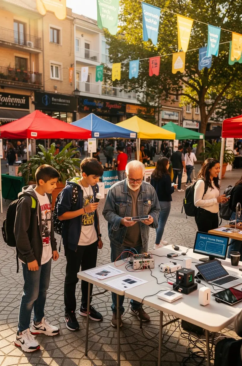 Locuitori din cartier discutând despre soluții tehnologice mici pentru îmbunătățirea comunității.