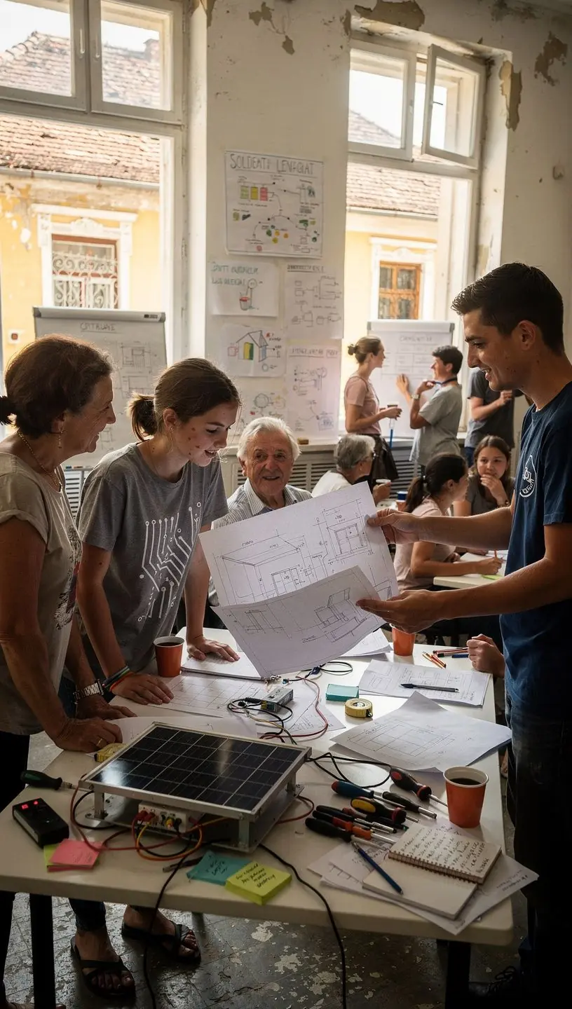 Echipă de voluntari instalând un sistem de iluminat inteligent pe o alee din cartier.